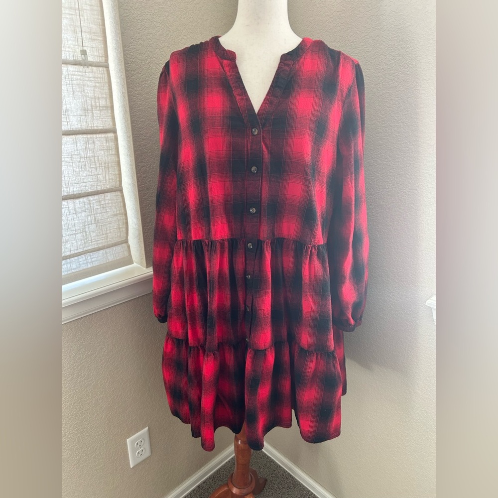 Red and Black Plaid Button-Front Tiered Tunic Dress Time and Tru XL